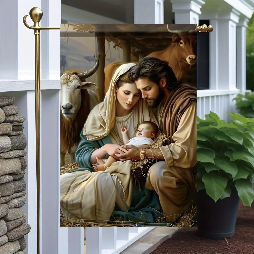 Tomhong Nativity Scene Garden Flag 12x18 Inch Double Sided Holy Family Christmas Religious Banner for Outdoor Porch Lawn Yar uui
