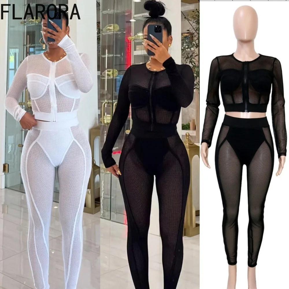 

FLARORA Sexy Mesh See Through 2 Pcs Set Woman Hollow Out Long Sleeve Zip Crop Tops And Skinny Pants Suits Birthday Party Outfits