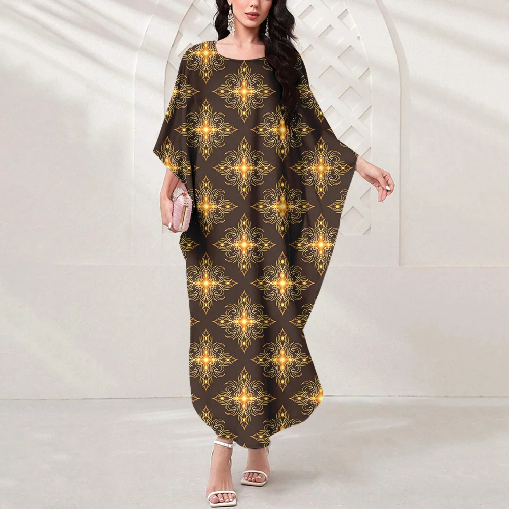 Summer Dubai Muslim Islamic Women's Abaya 2024 Ladies Party Dress Elegant Gold Square Print Long Skirt Batsleeve Abaya Dress