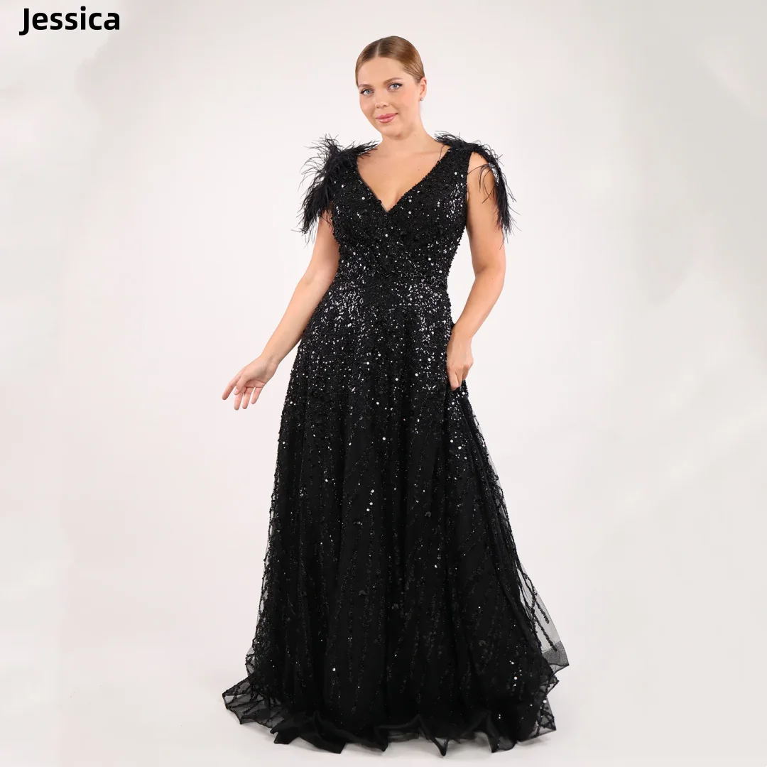 Jessica Glitter Sequins หรูหราชุดราตรีสีดํา Tulle Feathers งานแต่งงานชุด A-Shape Elegant Robes De Soirée ที่กําหนดเอง 2025