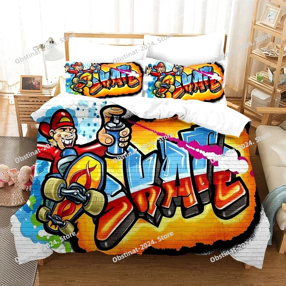 Cartoon Style Hip-Hop Graffiti 3D Bedding Set Printed Bed Set Duvet Cover Sheet Pillowcase Soft Quilt Cover Full Queen King Size
