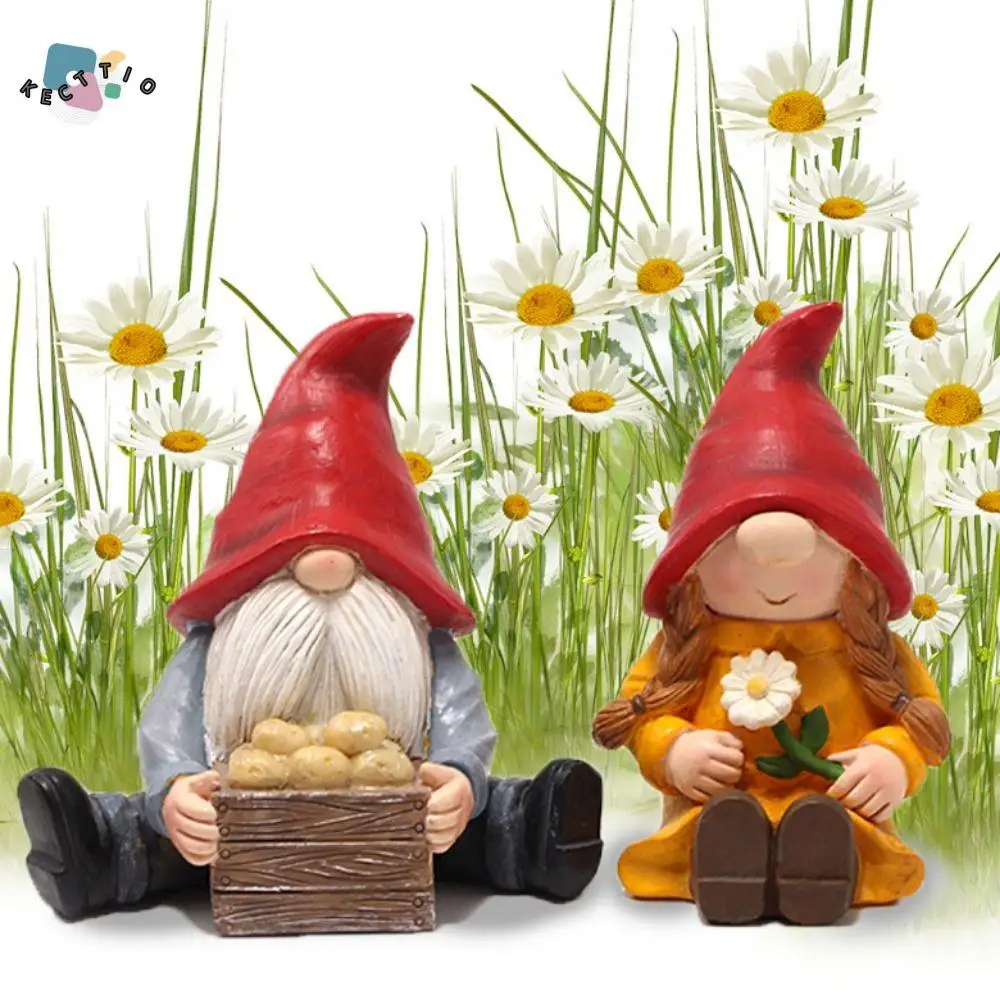 

2Pcs/set Micro-Landscapes Couple Dwarf Ornaments Cartoon Painted Gnome Statue Handmade Resin Dwarf Ornaments Balcony