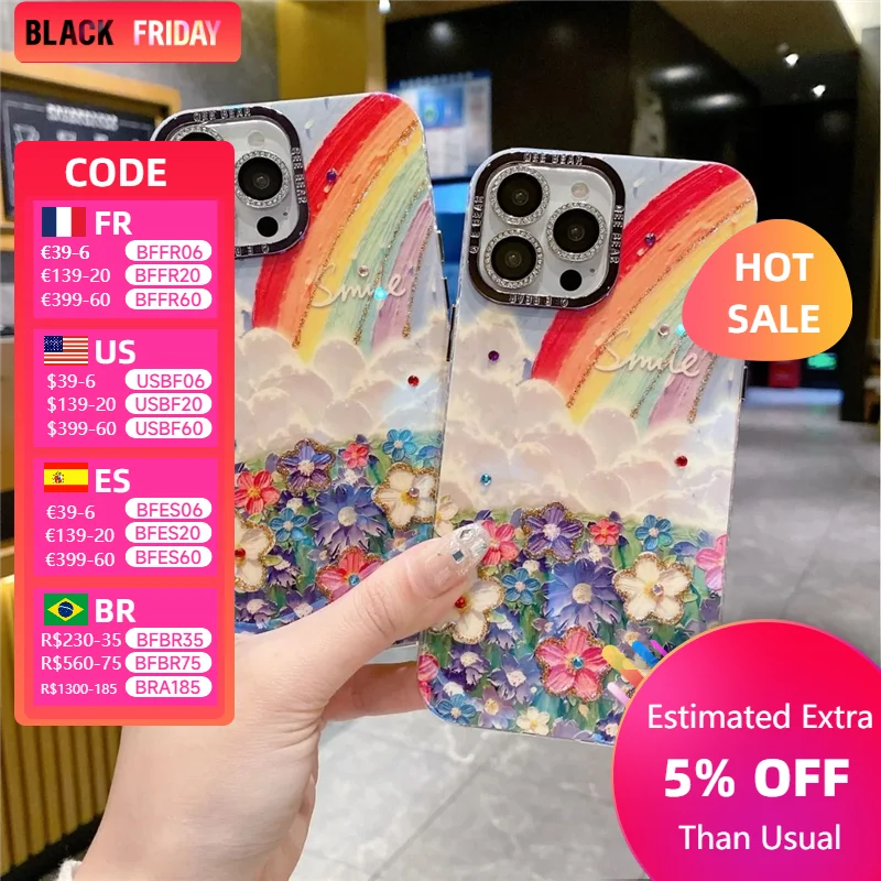 Apply to the iphone 15 iphone 14 Promax Flash Diamond Rainbow Flower painting mobile phone case anti-fall protection