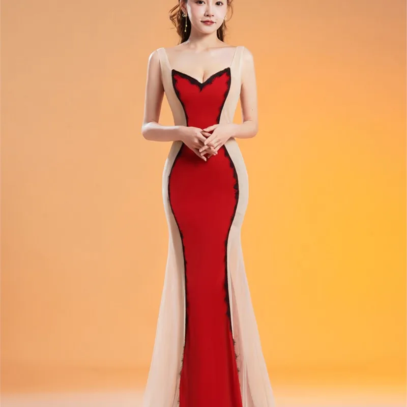 Elegant temperament trailed deep collar mesh perspective pure desire foot bath technician nightclub dress