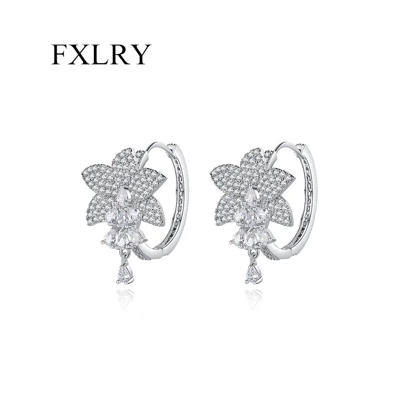 

FXLRY High Quality Cubic Zirconia Gorgeous Lotus Flower Hoop Earrings for Women Girl Bridal Wedding Accessories