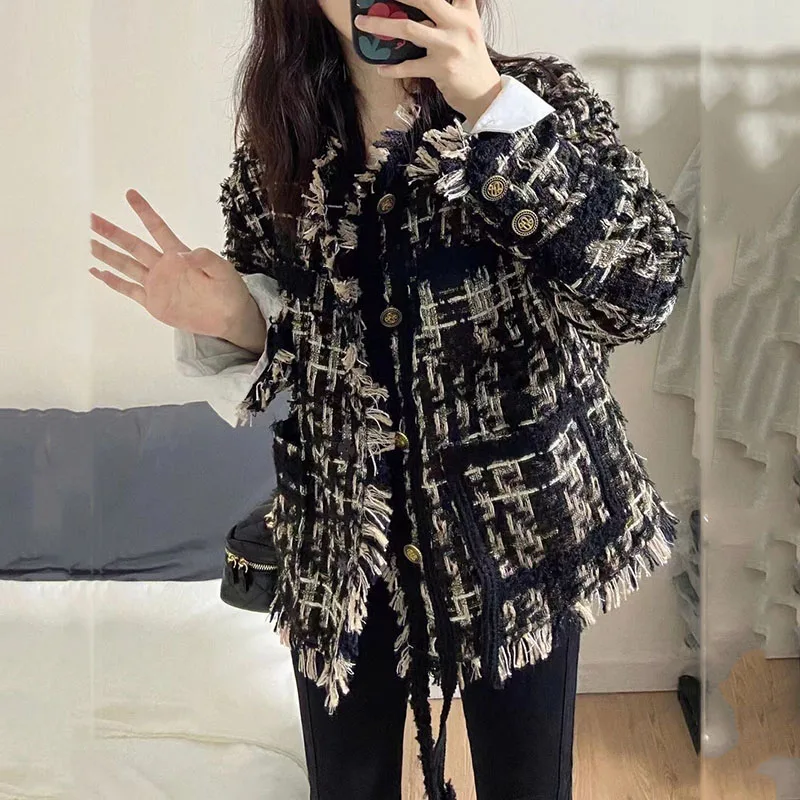 New Women's Casual Windbreaker Jacket Spring Autumn Black Gold Braided Tassel Cardigan Outerwear Senior Sense Female Trench Coat