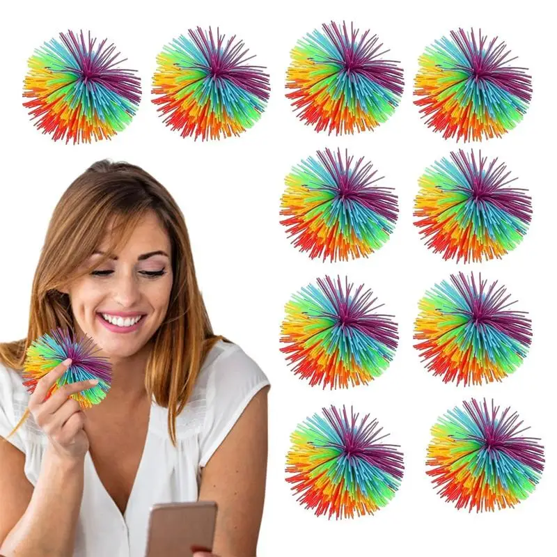 Stringy Balls 10X Silicone Spiky Balls For Kids Pom Bouncy Squeeze Sensory Toys Colorful Rainbow Elastic Fidget Toys For Office