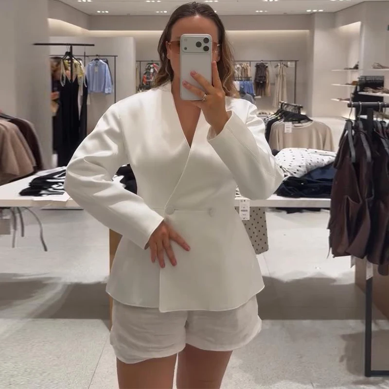 Satin V-Ausschnitt Tailliertes Anzugjackett für Damen Elegante Langarm Doppelreihige Schlichte Schlanke Mäntel Modische Damen Neue Oberbekleidung – Detail 4