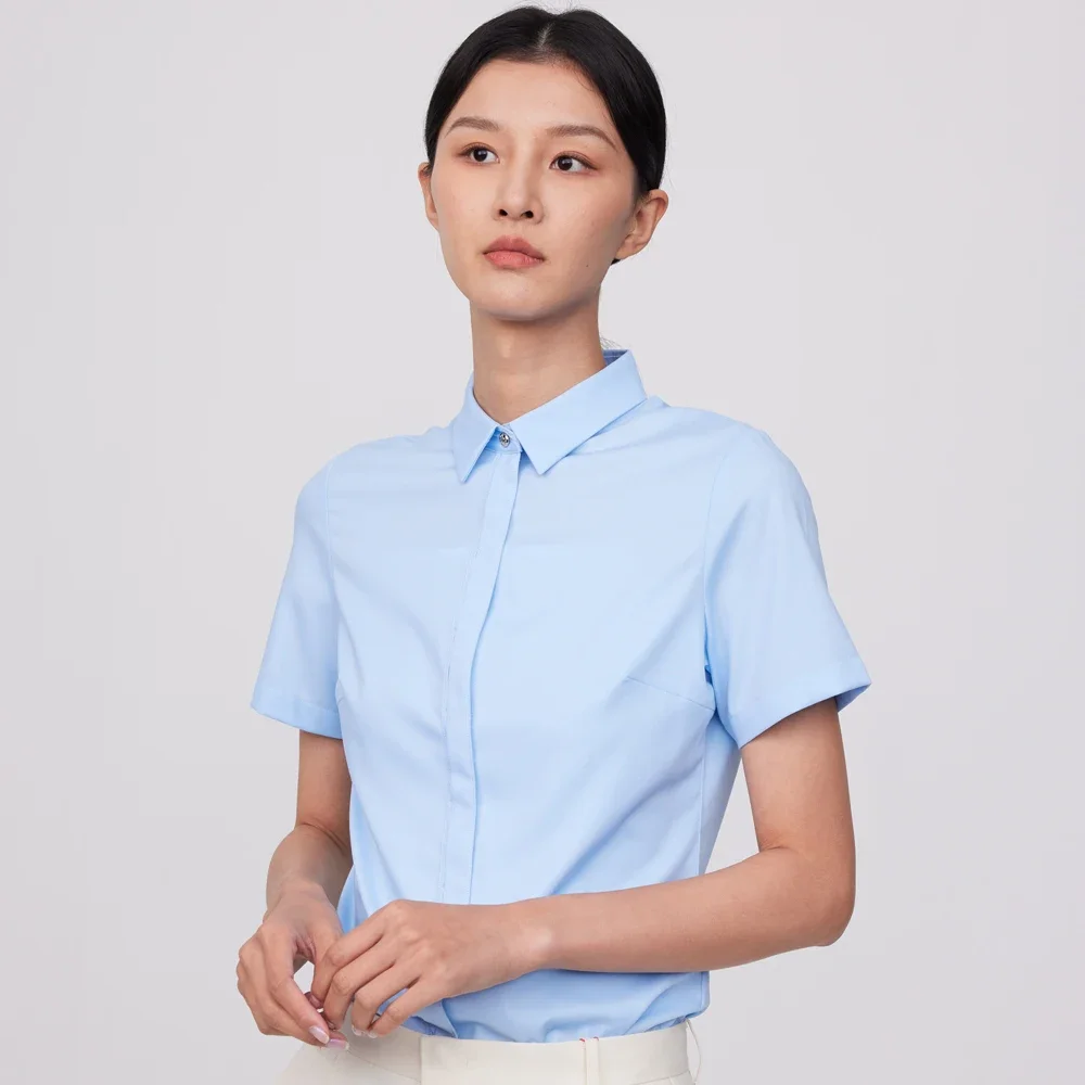 Office Lady Concealed Buttoned Placket Short Sleeve Shirt Simple Work Blouse Slight Stretch Summer Casual Slim-fit Dress Shirts