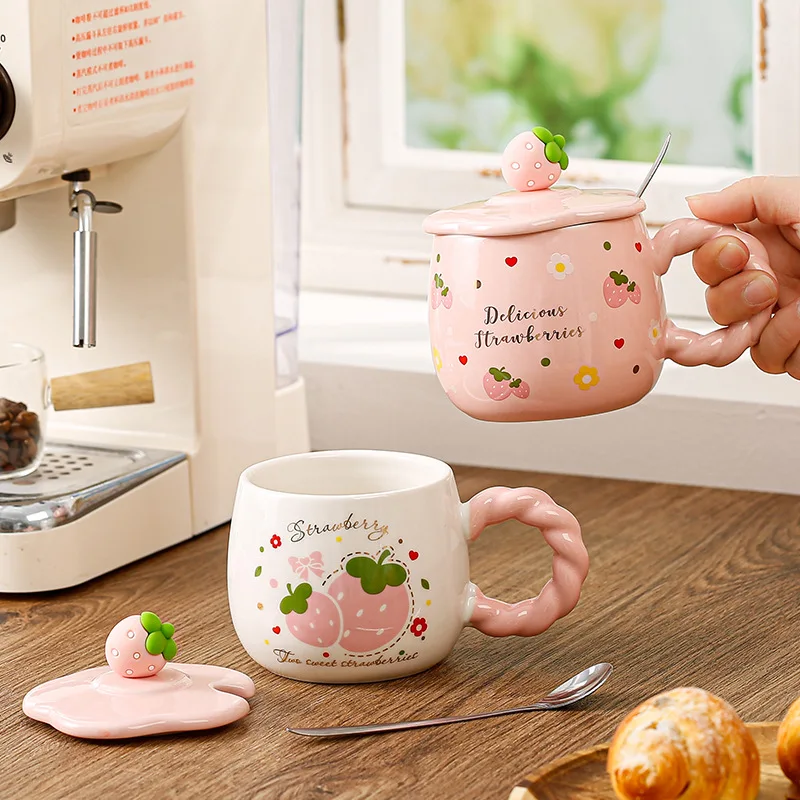 Cute Strawberry Mug Cartoon Fruit Ceramic Mug Large Capacity Water Cup High Appearance Level Girls Breakfast Cup Home