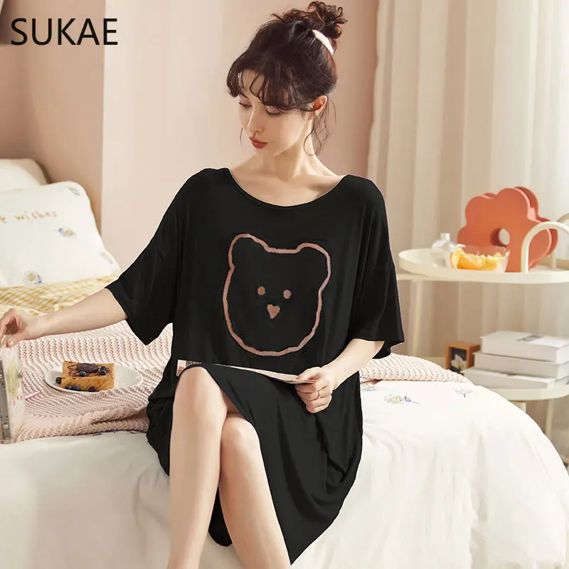 SUKAE M-5XL Cool Modal Summer Night Dress Women Plus Size Short Sleeves Sleepshirt Woman Sleepwear Unique Design Pajama Dressing