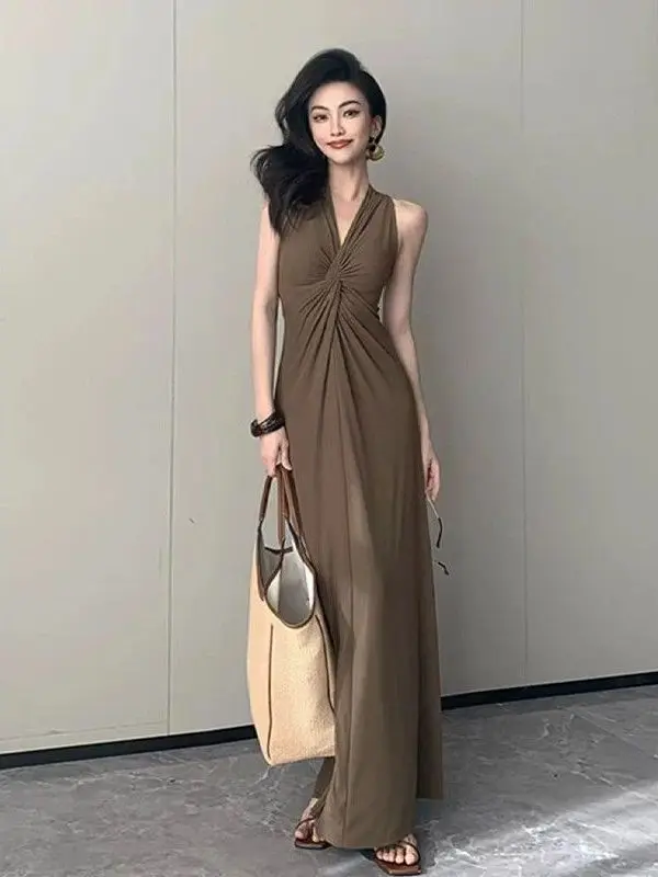 Elegant Knot Front Sleeveless Women's Dress Slimming Long Gown Summer New Style Waist Cinched Lightweight Casual Fashion