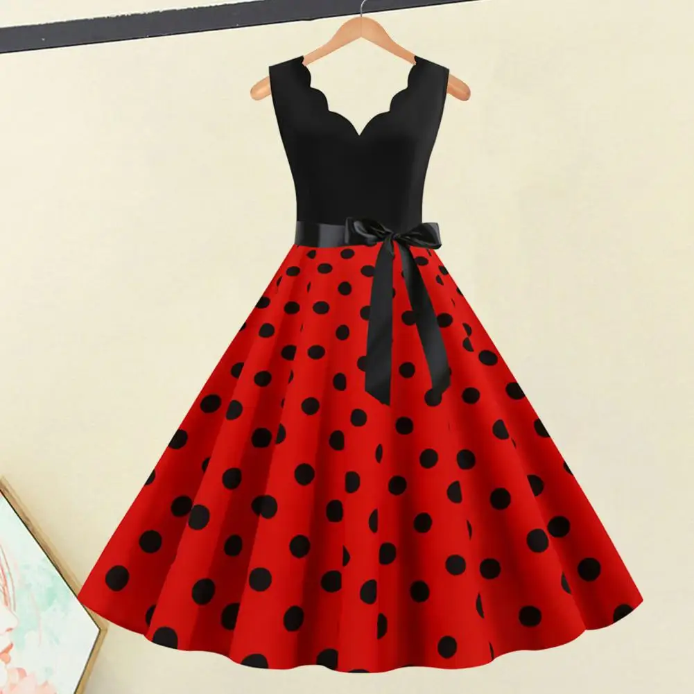

Dot Print Sleeveless Dress Elegant Vintage Floral Lace-up Midi Dress with Bow Detail Backless Design for Prom Party Women's