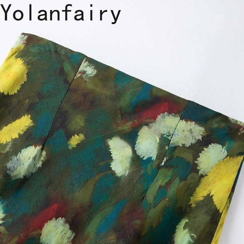 YOLANFAIRY Super Beautiful 100% Mulberry Silk Skirts for Woman Summer Street Wear Fashion Oil Painting Fishtail Skirt Vestidos