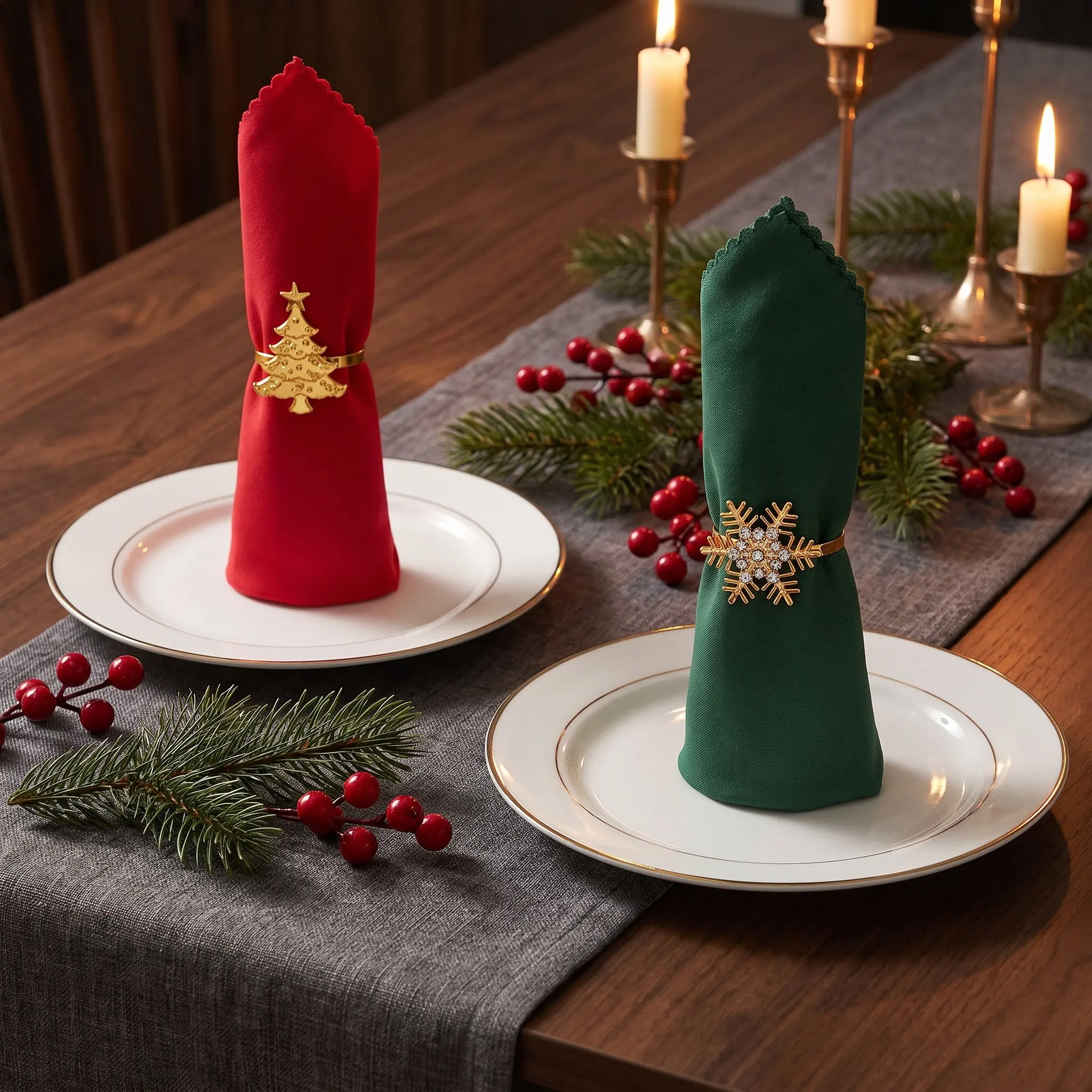 32 Sets Christmas Red and Green Dinner Cloth Napkins Napkin Rings Holder Festival New Year Party Table Decoration