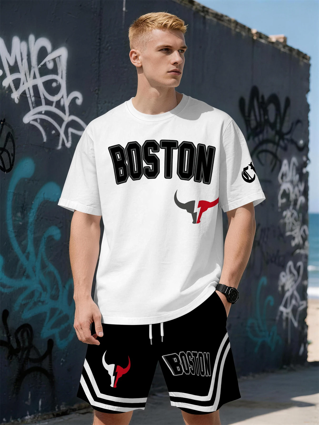 

2026 Summer New Men's Short-Sleeved Set - 3D Trendy Brand Letter Print - Fashion Street Style - Comfortable and Soft