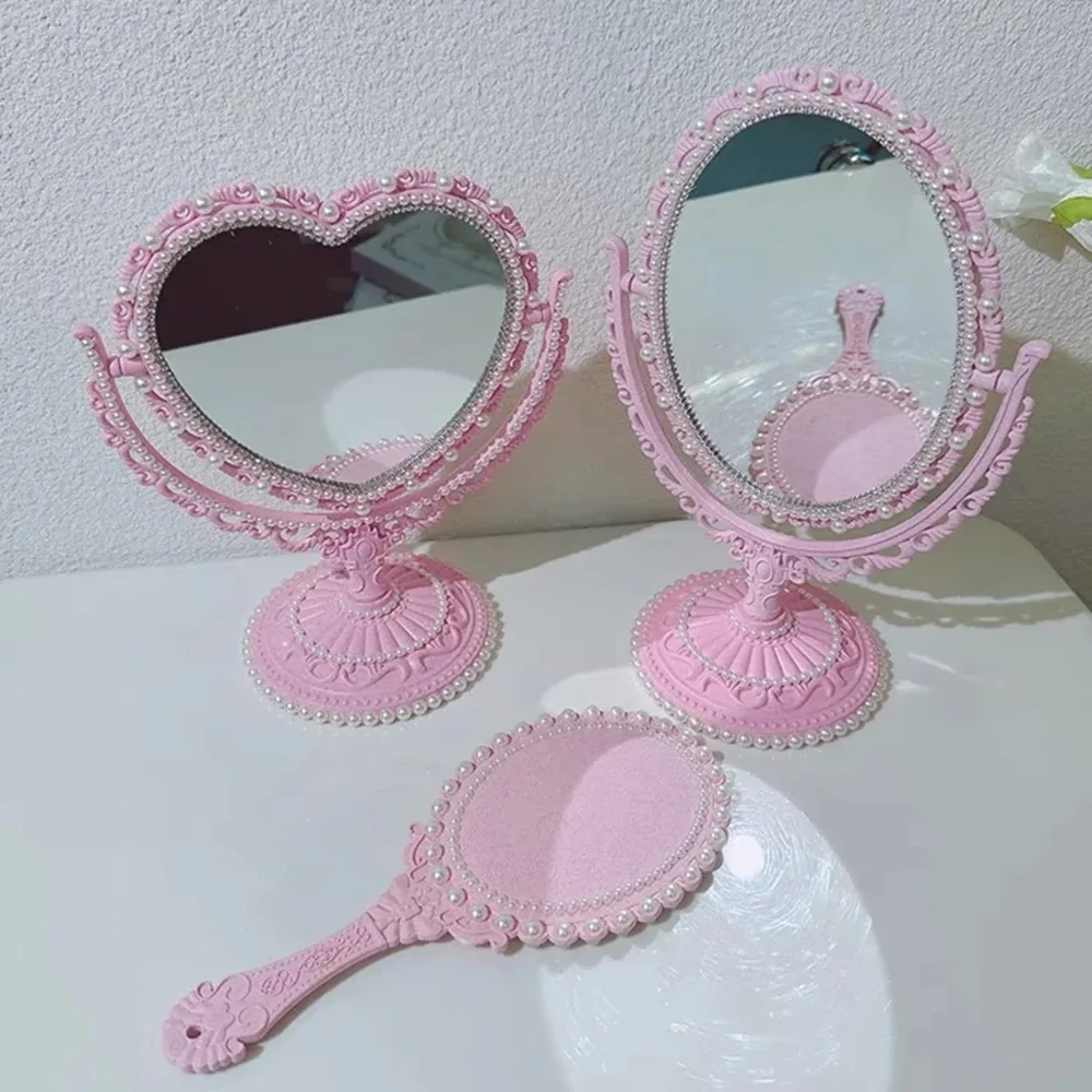 Makeup Mirror Vanity Desktop Table Heart Shaped Simple Rotatable Pink Travel Girl Gift