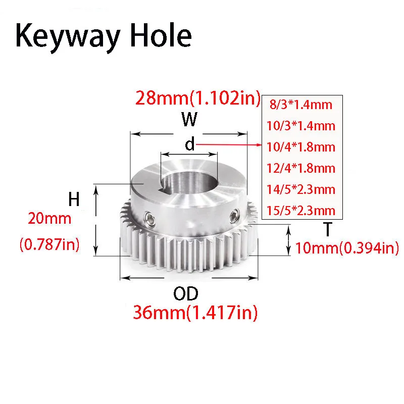 1Pcs 1M 34T Pinion Bossed Spur Gear  Stainless Steel Bore 10mm 12mm Transmission Pinion Keyway Hole Accessories for Motor Part