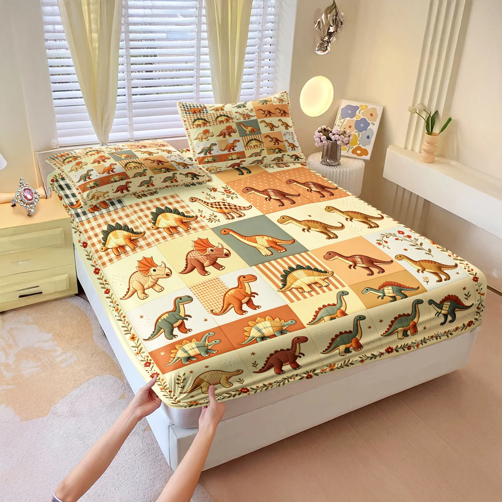 3Pcs Dinosaur Patchwork Fitted Sheet Set Retro Plaid Dino Print Bed Sheet Set Elastic Deep Pocket Multi Dinosaur Pattern Bedding