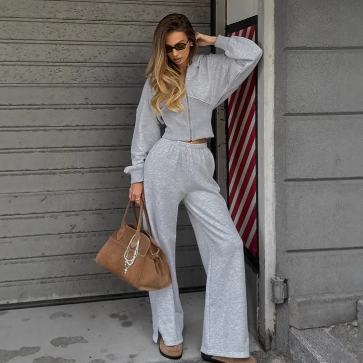 

2025 New Waist Cinching Hooded Sweatshirt Slit Straight Leg Sweatpants Set Women Design Sense Fashion Casual Two Piece Set