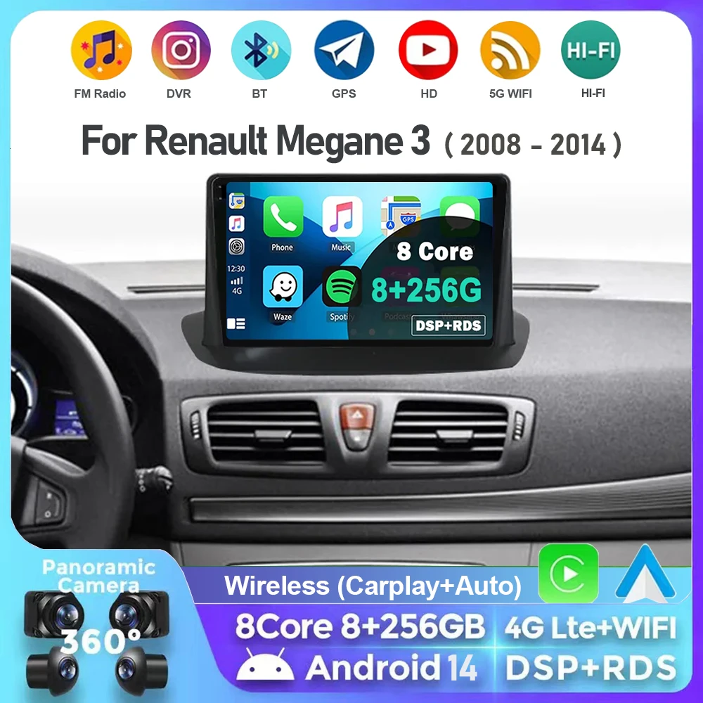 

For Renault Megane 3 Fluence Samsung SM3 2008 - 2014 9“ Android 14 Carplay Car Radio Navigation GPS Multimedia Player wifi+4G BT