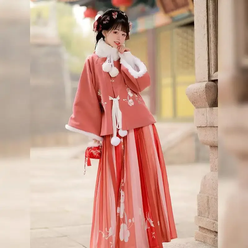 2 Colors Ming Dynasty Half Sleeve 4Pc Hanfu Dress Set Chinese Style Girls Women Thicken Winter New Year Cotton-padded Jacket