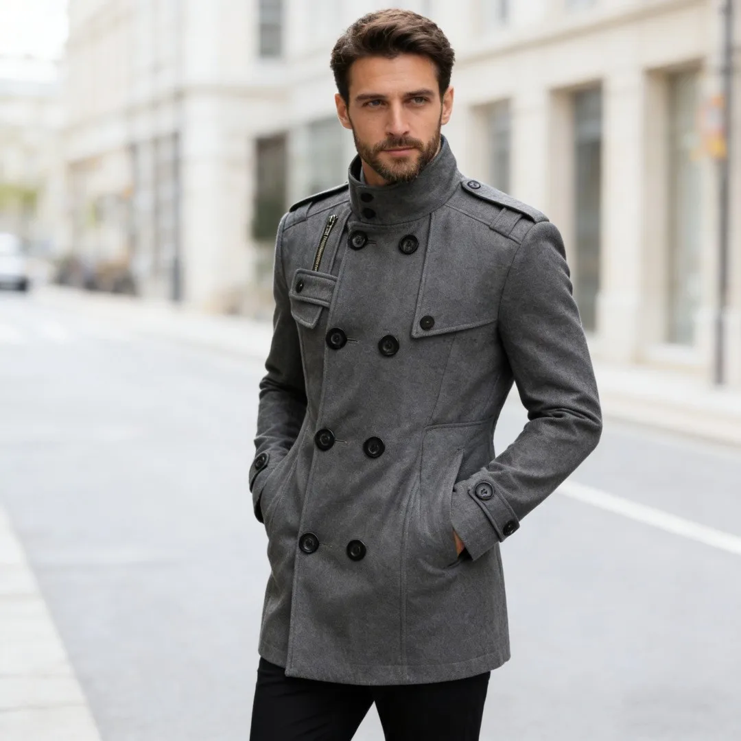 Pocket Belt No Belt Mid Length with Winter Jacket Collar Style Side Seam Pockets Zipper Decoration Double Breasted Men Jacket
