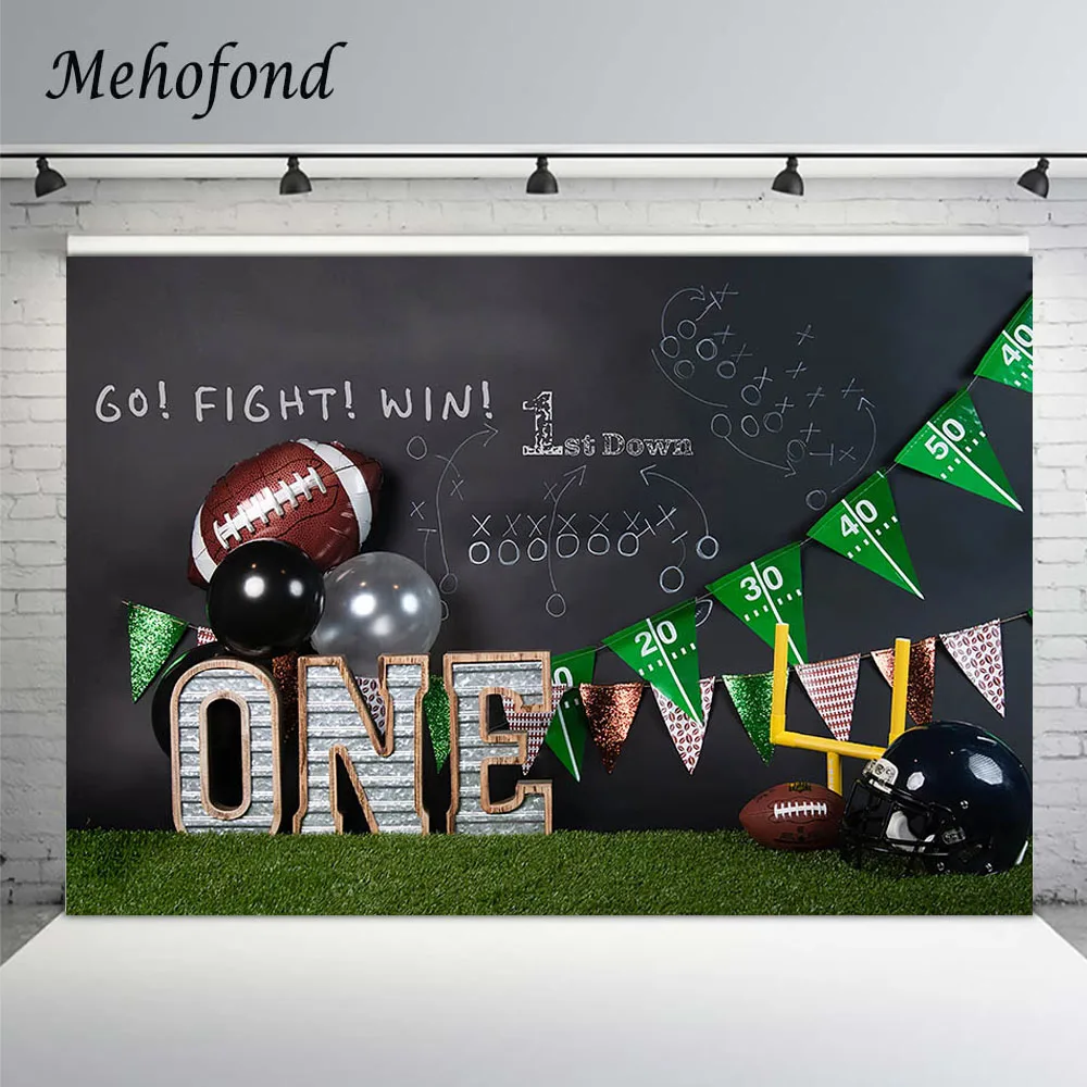 

Boy Football Field 1st Birthday Photography Background First Down Balloons Party Decor Banner Newborn Cake Smash Backdrop Props