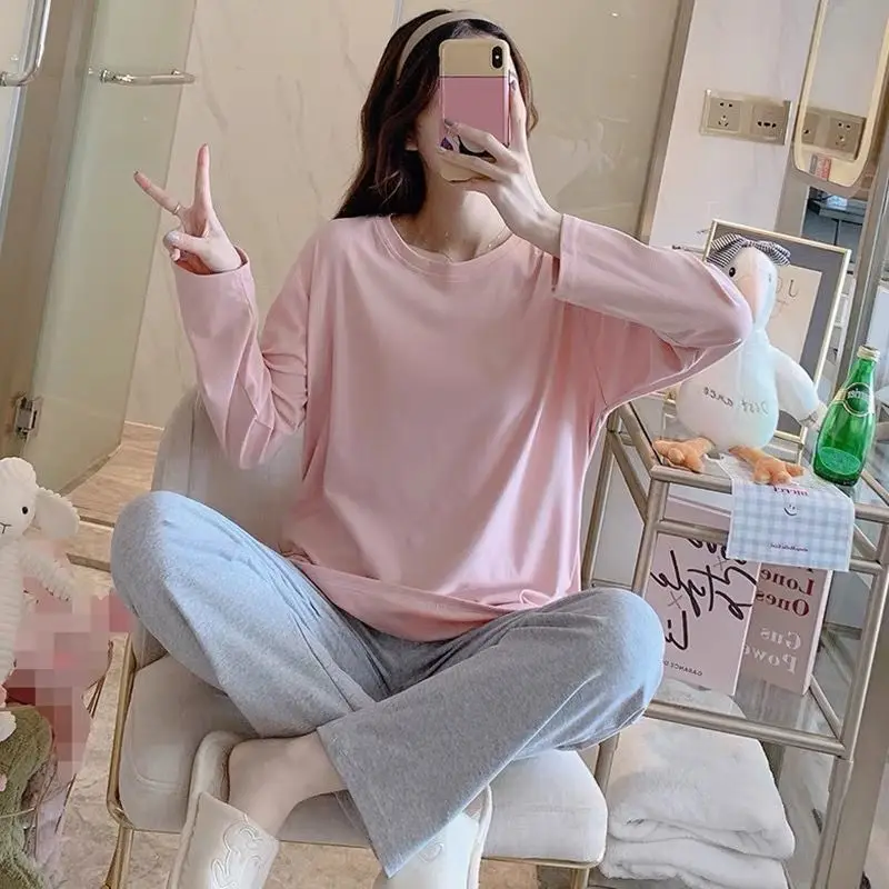 New Spring Homewear Long Sleeve Pajamas Set Cute Leisure Women Sleepwear 2Pcs Nightwear Women Long Loose Waist Pant Home Suit