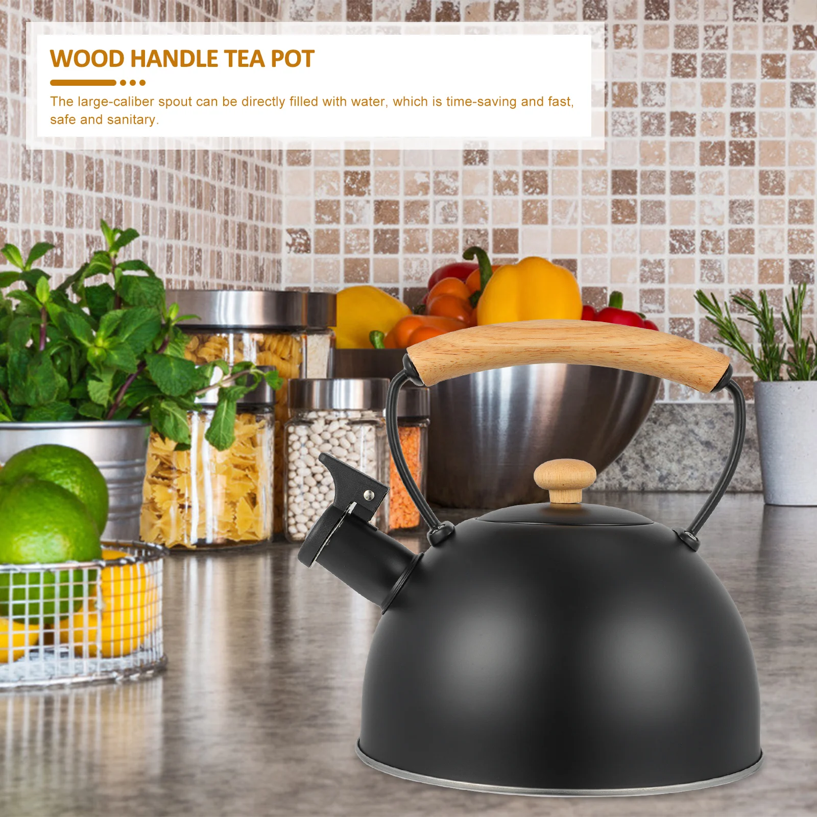 

Whistling Kettle Stainless Steel Tea Pot Wood H Large Caliber Spout Heat Insulating Anti Scalding Kitchen Bar Supplies