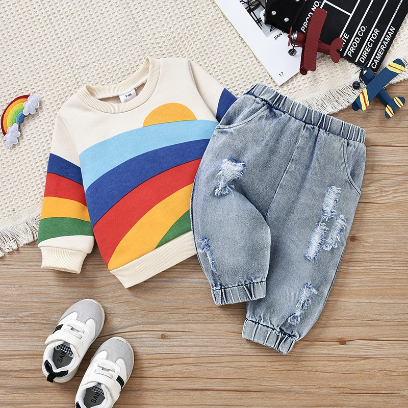 Peuter Casual Baby Broek Outfits Lange Mouwen Regenboog Bedrukte Ronde Hals Pullover Effen Kleur Gescheurd Gat Lange Broek Set