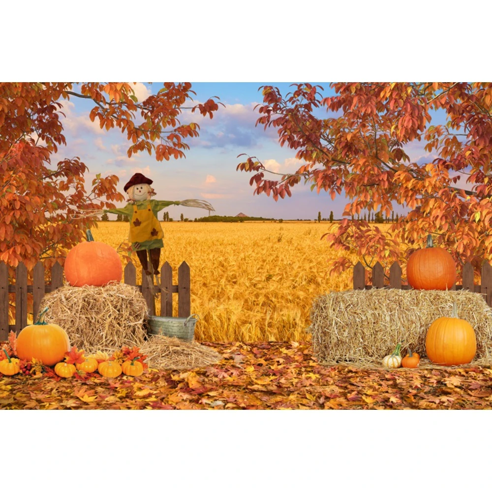 Autumn Photography Backdrop Rural Wheat Fields Farm Barn Harvest Pumpkin Haystack Thanksgiving Baby Portrait Photo Background