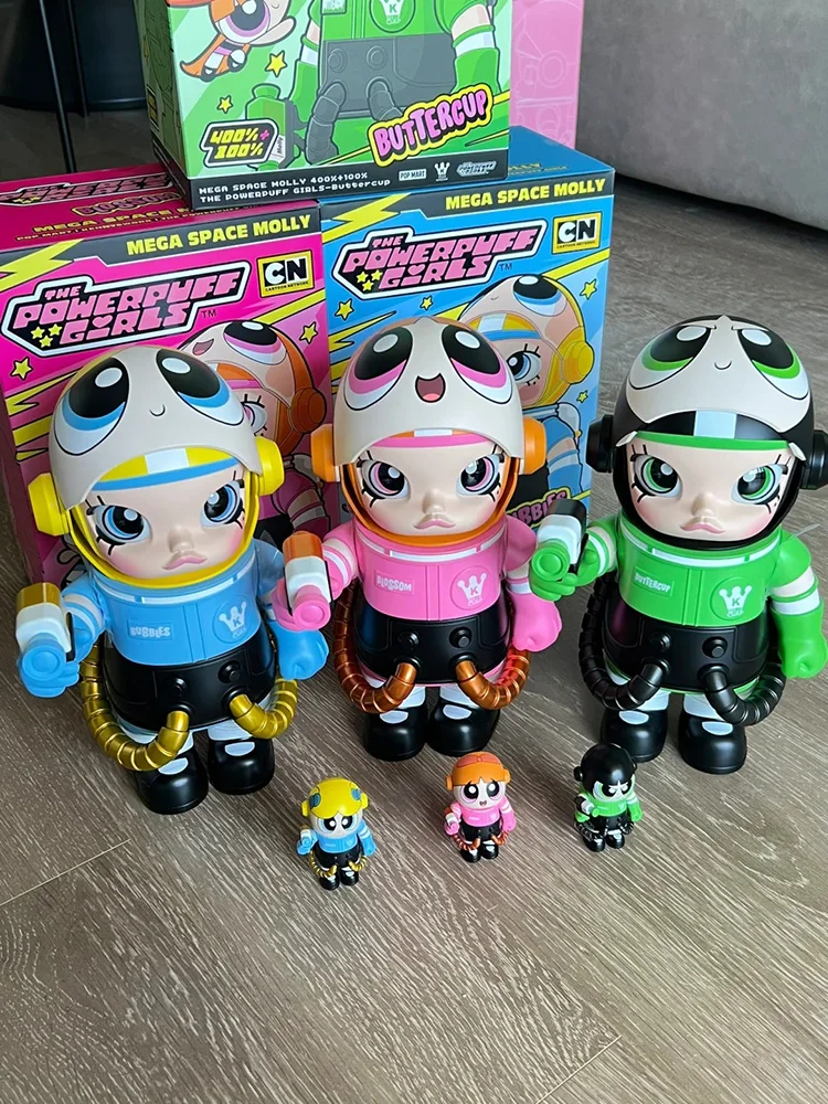 Popmart mega espaço molly 400% + 100% a série powerpuff meninas buttercup bolhas e flor kawaii anime figura bonecas crianças presente