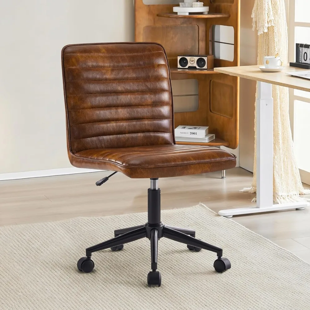Armless Office Desk Task Chair Faux Leather Upholstered Task Teen Desk Mid-Back 360° Swivel Adjustab