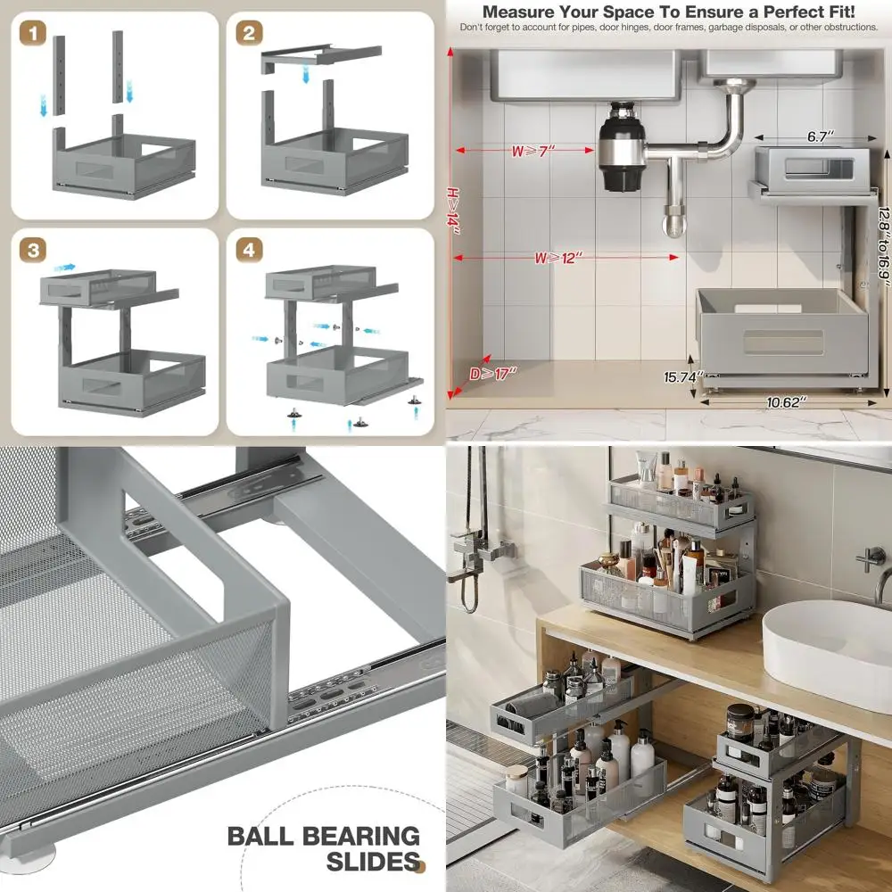 

Dual-Tier Adjustable Slide-Out Under-Sink Organizer, Space-Saving Storage for Kitchen, Bathroom, and Pantry - Gun Gray