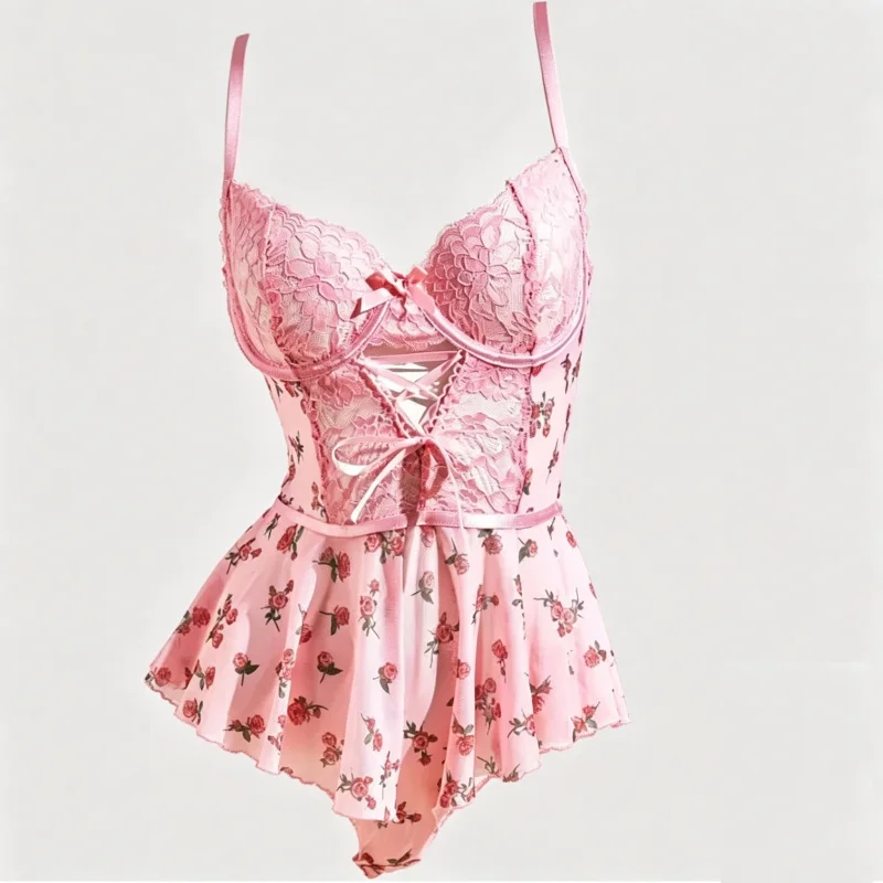 

Butterfly Bow Lace Mesh Print Backless See-Through Bodysuit Lingerie Set Women European American New