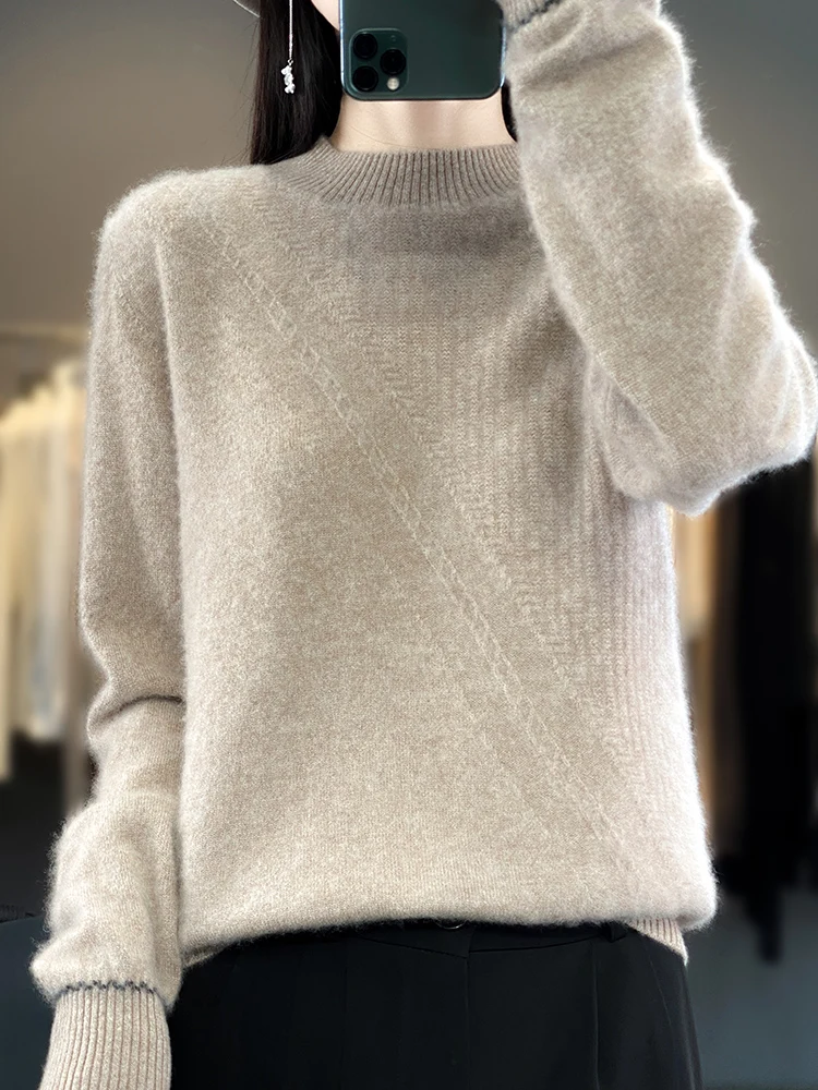 100% Merino sweter wol wanita kualitas tinggi pullover kerah tiruan lengan panjang wol lembut pakaian wanita hangat musim gugur musim dingin