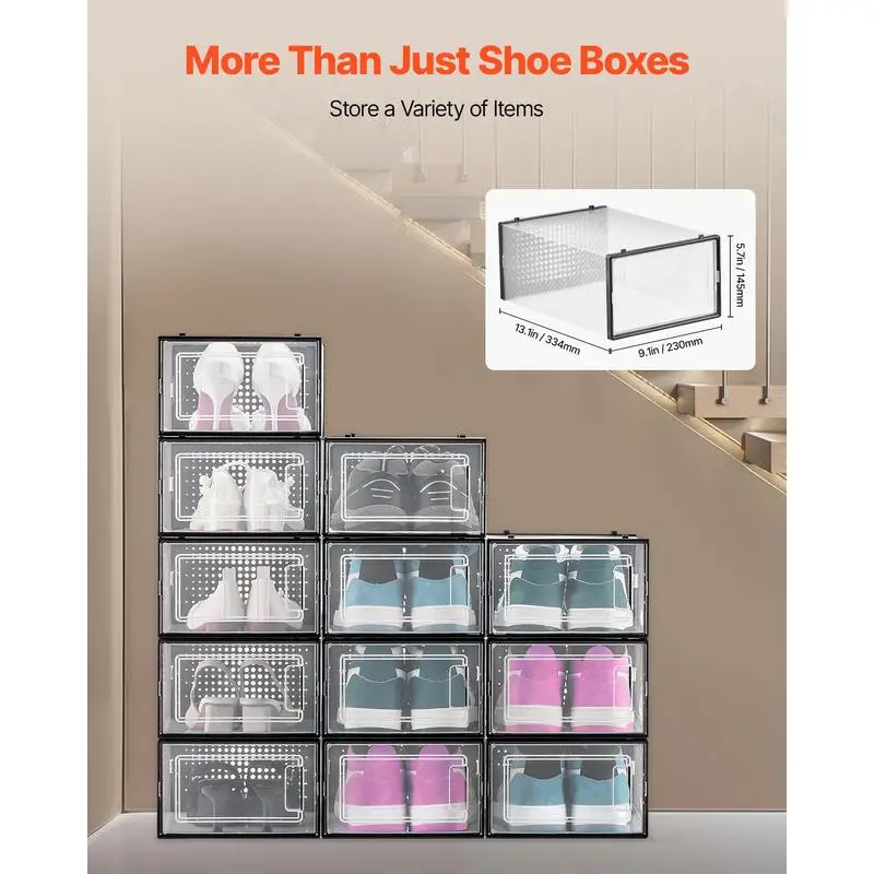 Stapelbare Schuhboxen, 12er-Set, Schuh-Organizer bis Größe US 11, modularer Kunststoff-Organizer, zum Aufbewahren von High Heels, Stiefeln und Hüten, schwarzer Rahmen