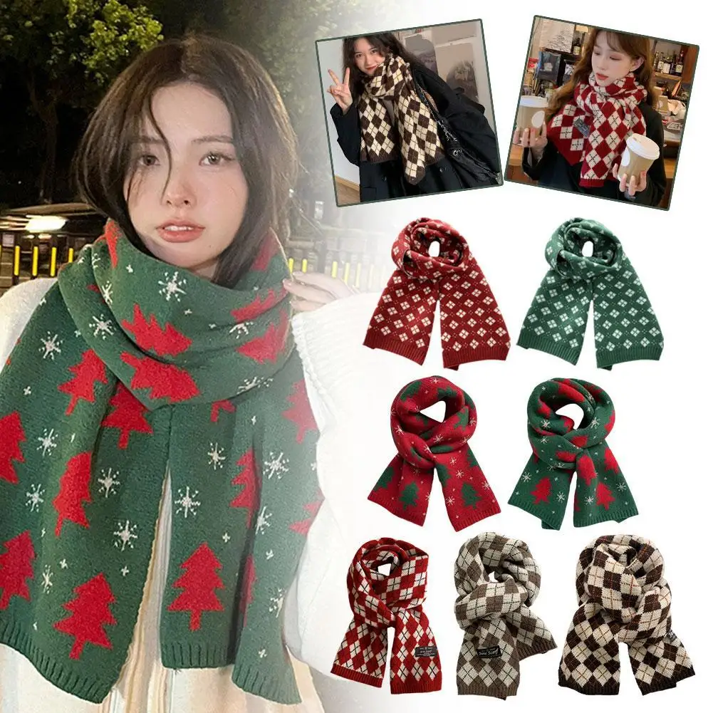 Christmas Series New Year Red Scarf Knitted Scarf Printed Thicken Protection Pattern Winter Wrap Soft Neck Long Shawl Warm Q3F1