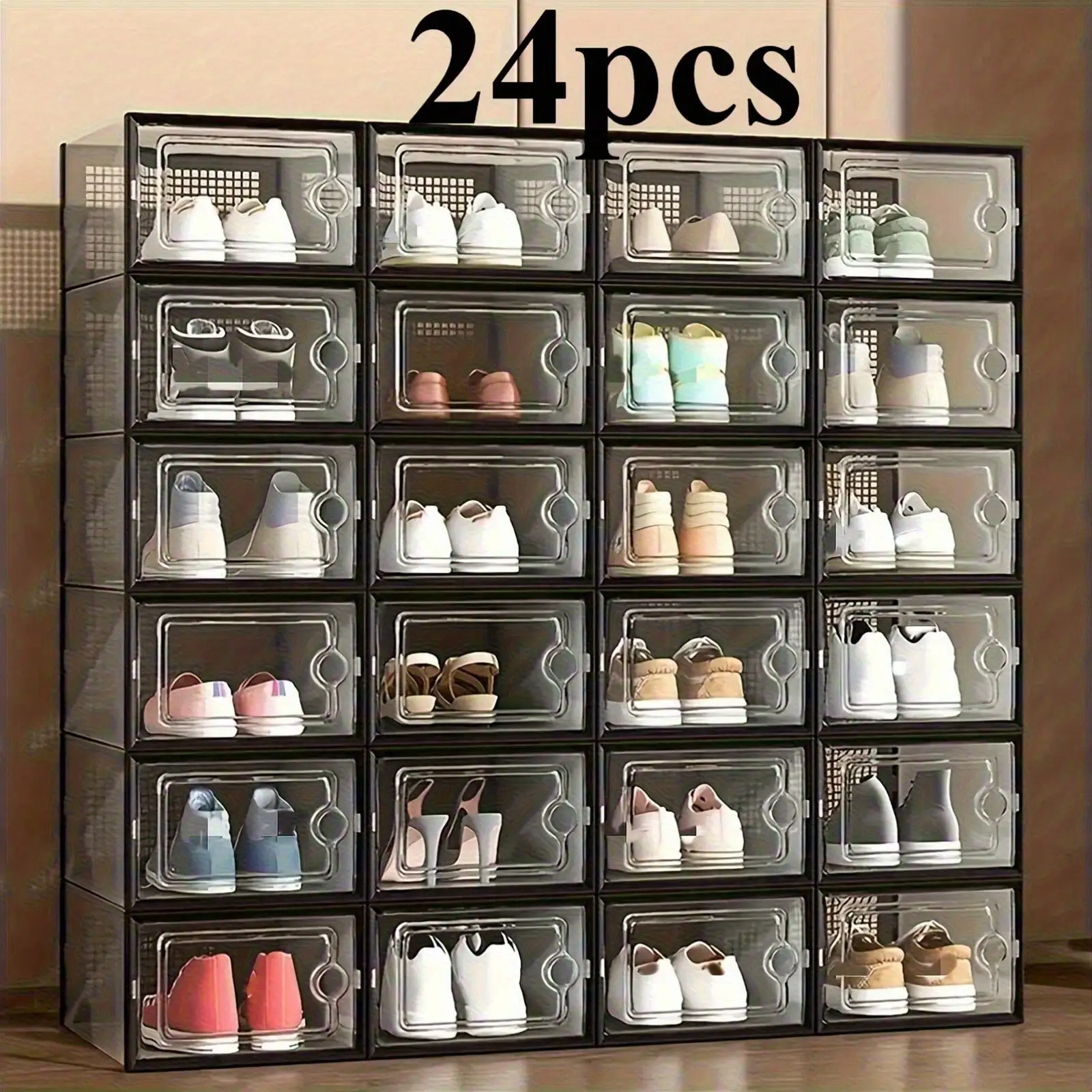 

Stackable Transparent Shoe Storage Box - Front Opening Design, With Lid, Convenient To Use, 24pcs Combination