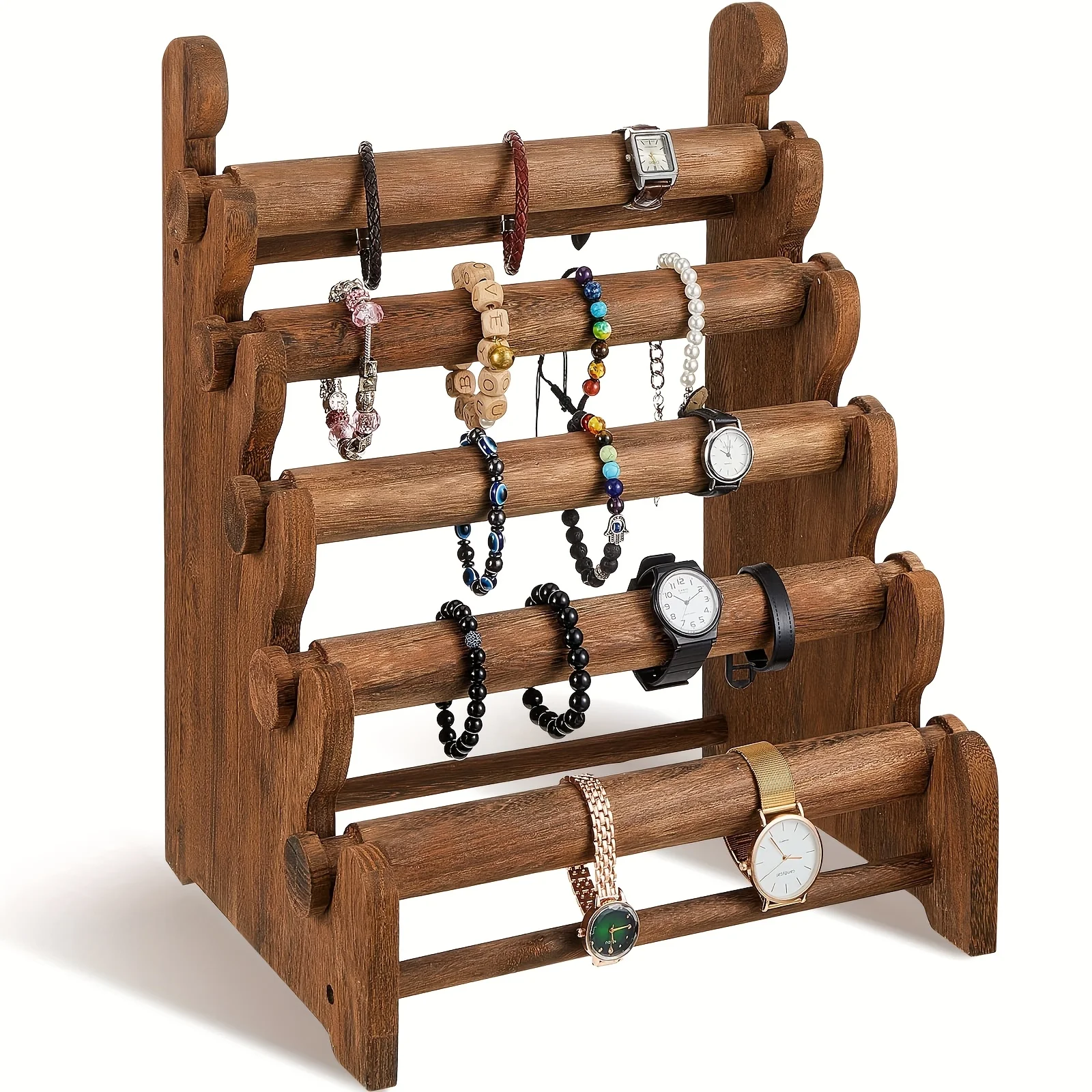 

A Wooden Jewelry Organizer Featuring a Removable Tabletop for Displaying Bracelets, Necklaces, And Watches. This Rustic 5-Layer