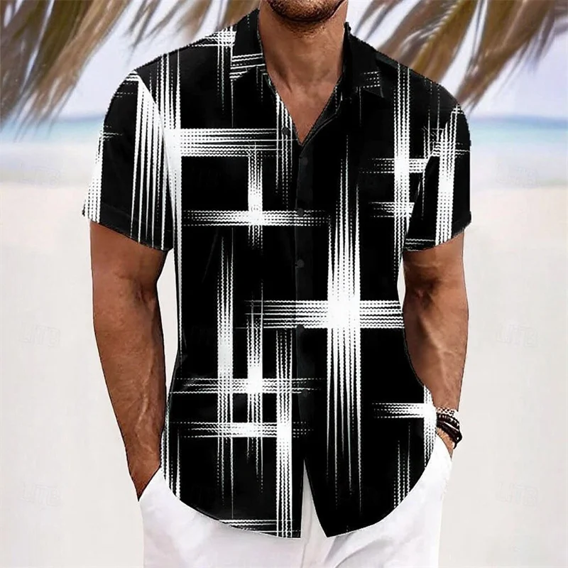 Men's Geometric Plaid Gradient Shirt Fashion Casual Outdoor Vacation Daily Wear Summer Lapel 3D Printed Shirt White Red Blue