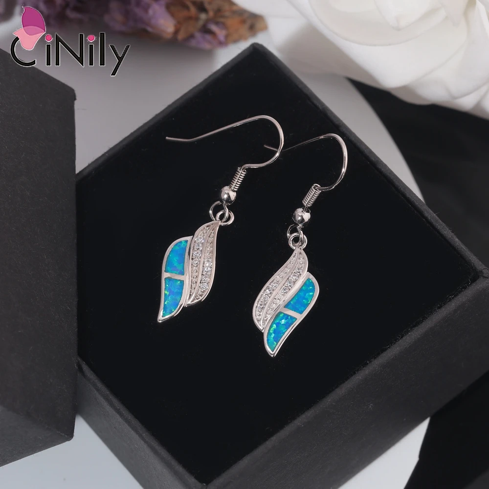 CiNily Created Blue Fire Opal Pendant Necklace & Drop Dangle Earrings with Zircon Silver Plated Jewelry Sets for Woman