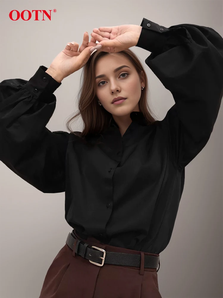 OOTN Office Lady White Stand Collar Shirts 2024 Spring Lantern Long Sleeve Blouse Women Fashion Casual Button Up Top Female Fall