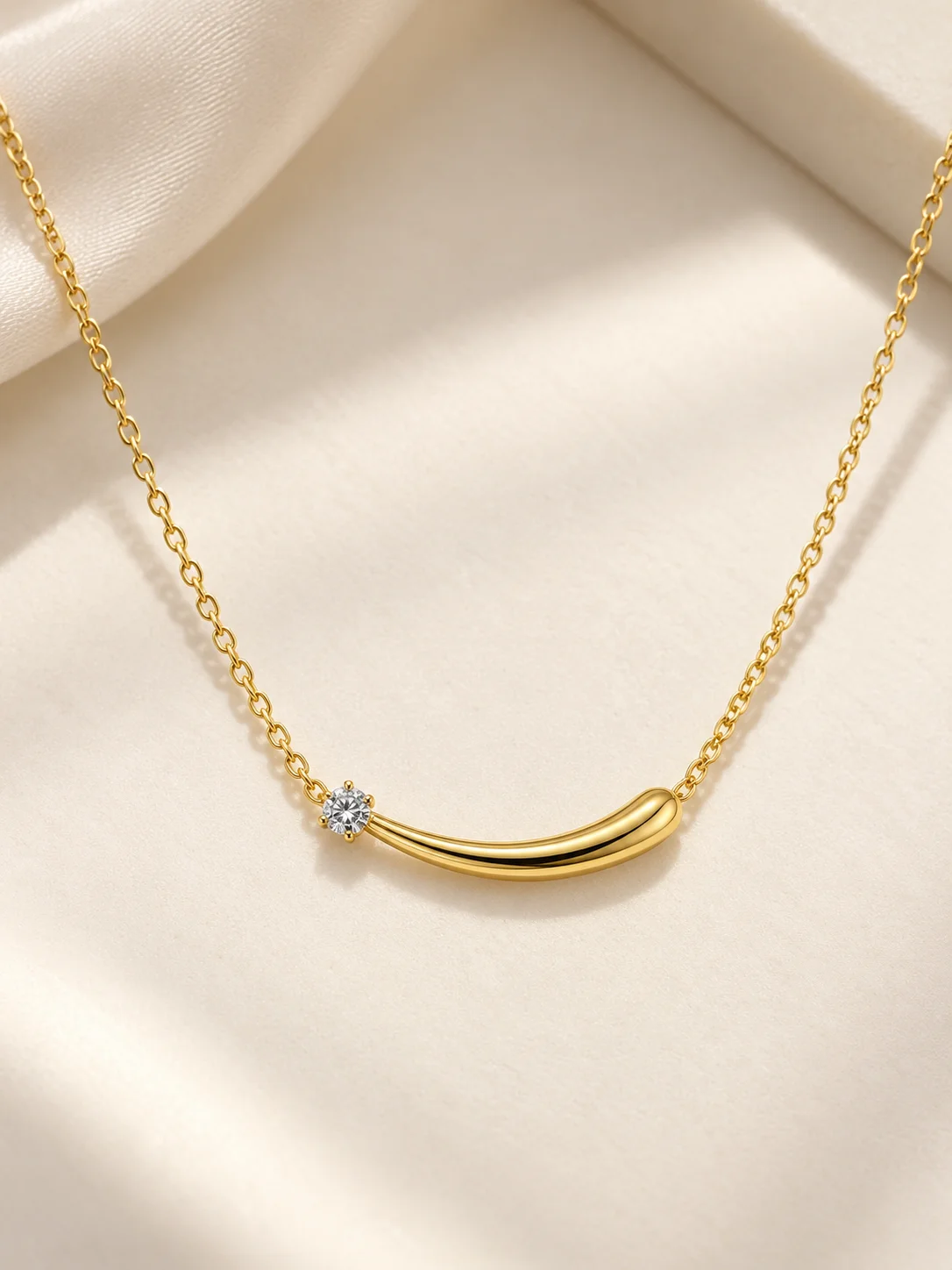 S925 Sterling Silver Curved Bar Necklace for Women Gold Color Zircon Smile Pendant Necklace Minimalist Dainty Jewelry Gift