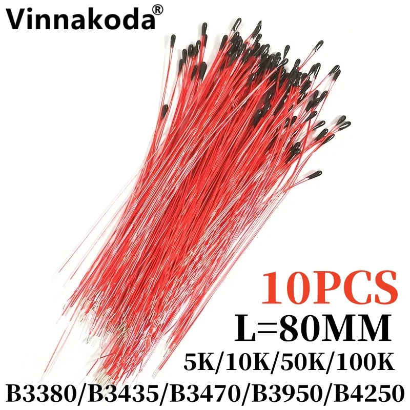 10PCS NTC enamelled wire thermistor 5K 10K 50K 100K B3380 B3435  B3950  1% temperature sensor L80mm