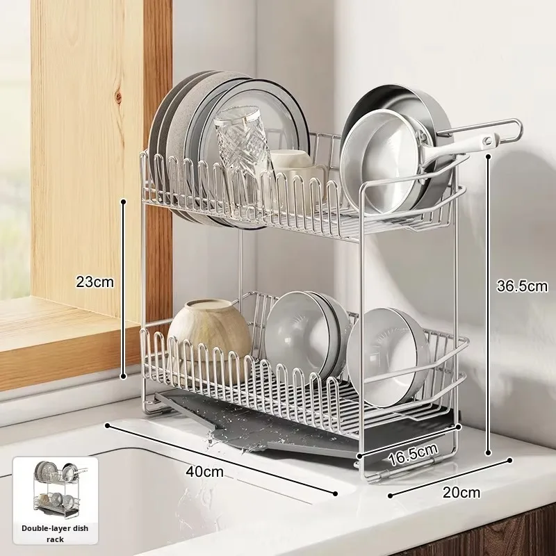 Cross-border Hot-selling Non-folding Double Tier Standing Type Kitchen Drain Rack 304 Stainless Steel Bowl Dish Storage Storage 