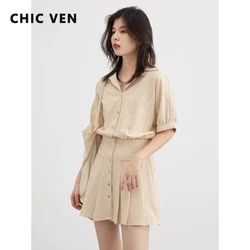 CHIC VEN Korean Pleated Shirt Dress Short Sleeve Dresses Striped Women Loose Girl Slim Dress A Line Women Clothing Summer 2023