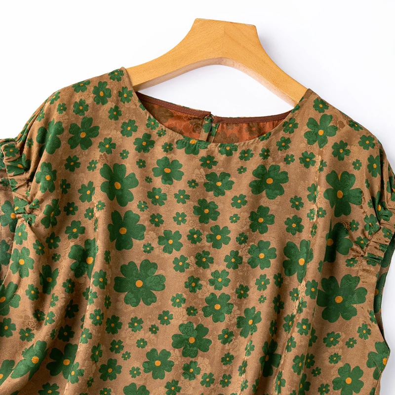 BirdTree-100%Real Silk Watered Gauze Elegant T-Shirt, Short Sleeve Jacquard, Women Retro Versatile Tops, 2026 Autumn T69459CC