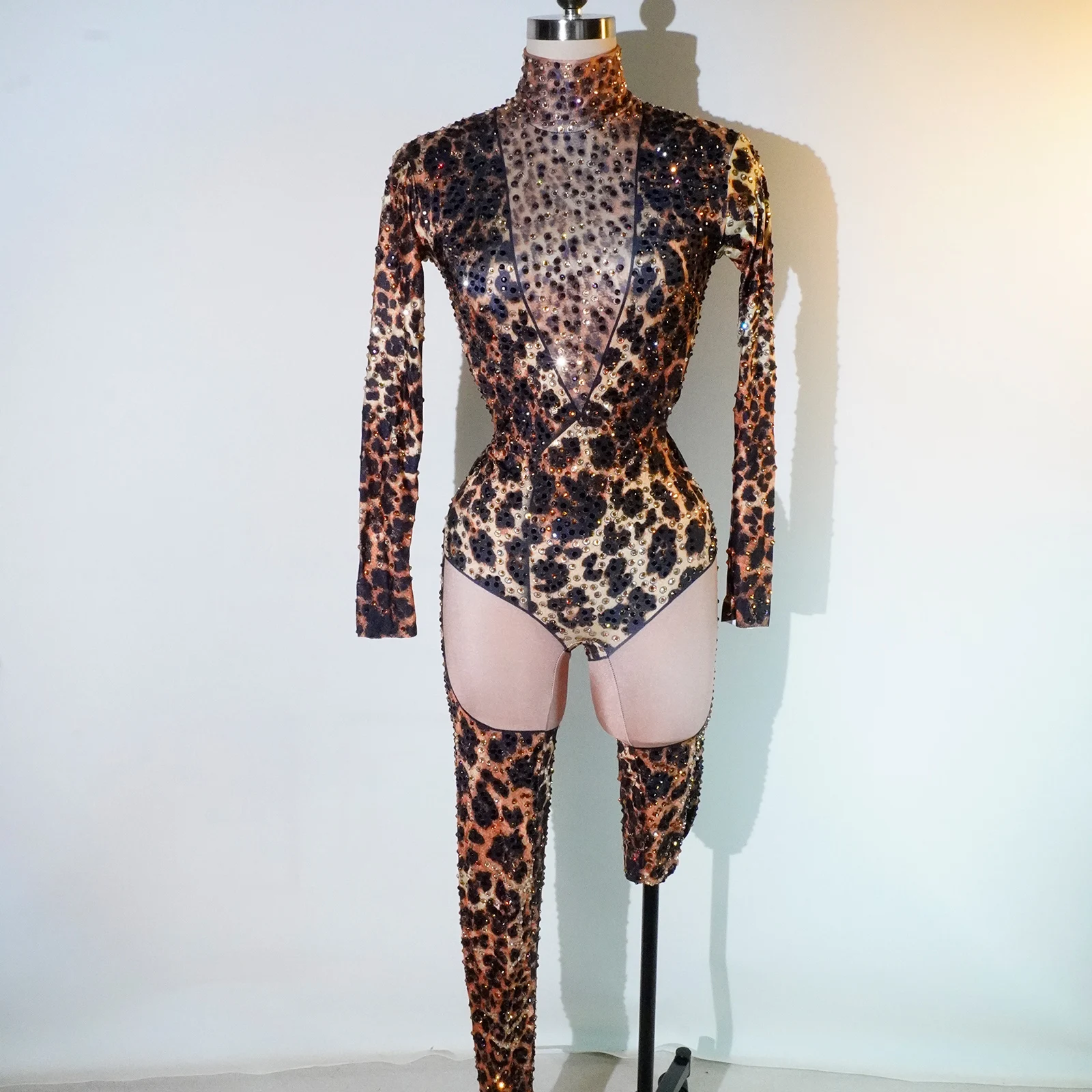 Elastic Leopard Print Jumpsuit Perform Dancer Cosplay Costume Drag Queen Outfit Sexy Singer Stage Wear Bar Nightclub Female DS